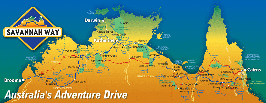 Carte de la Savannah Way entre Cairns et Broome en passant par Darwin