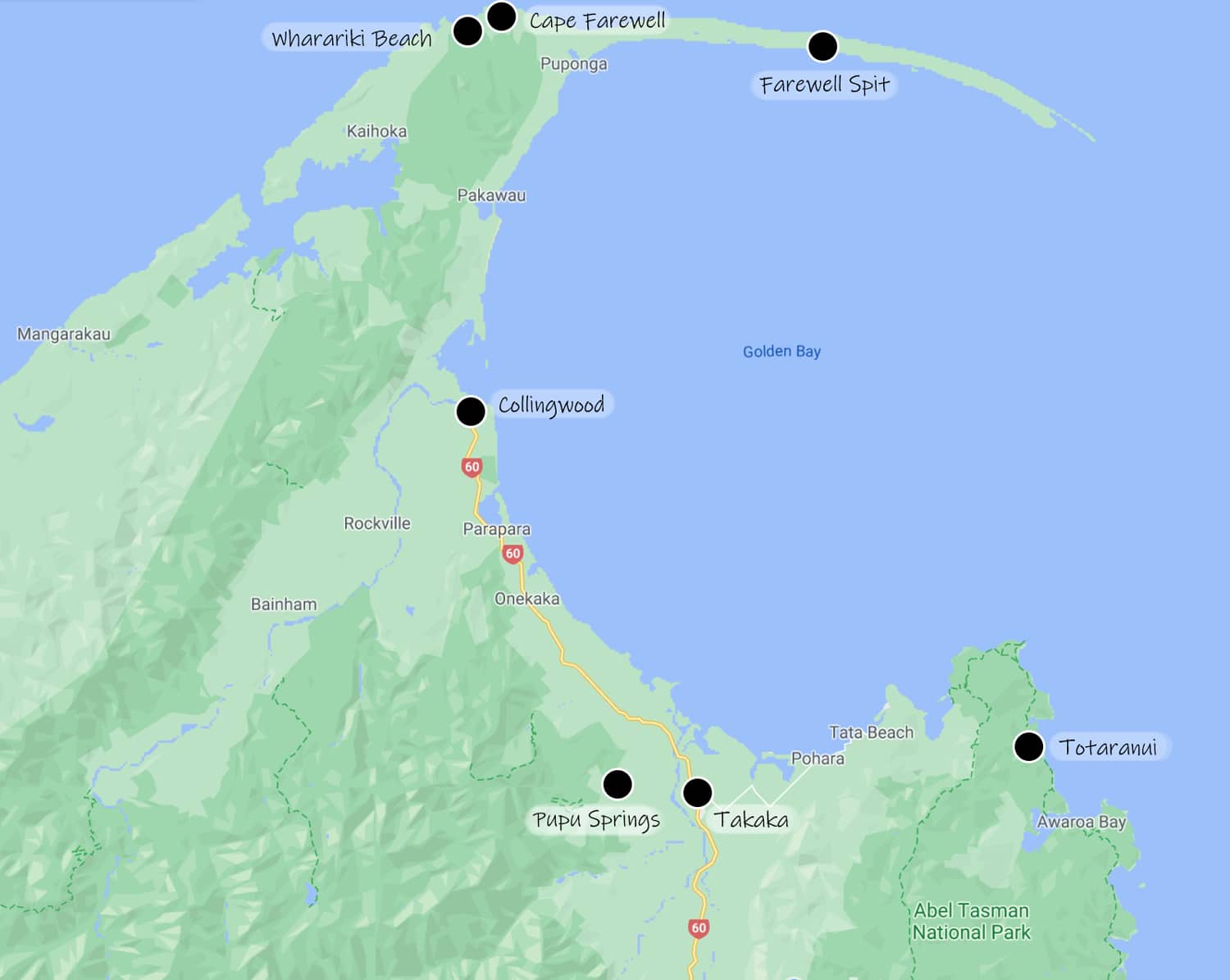 Carte de Nouvelle-Zélande région de Takaka Golden Bay