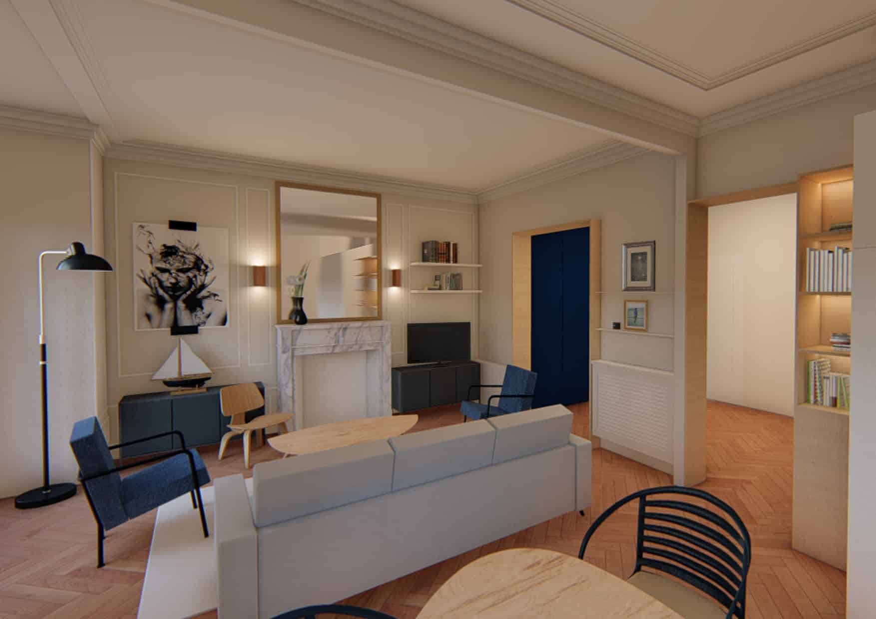 Visuel 3D d'un projet d'aménagement intérieur d'un appartement parisien